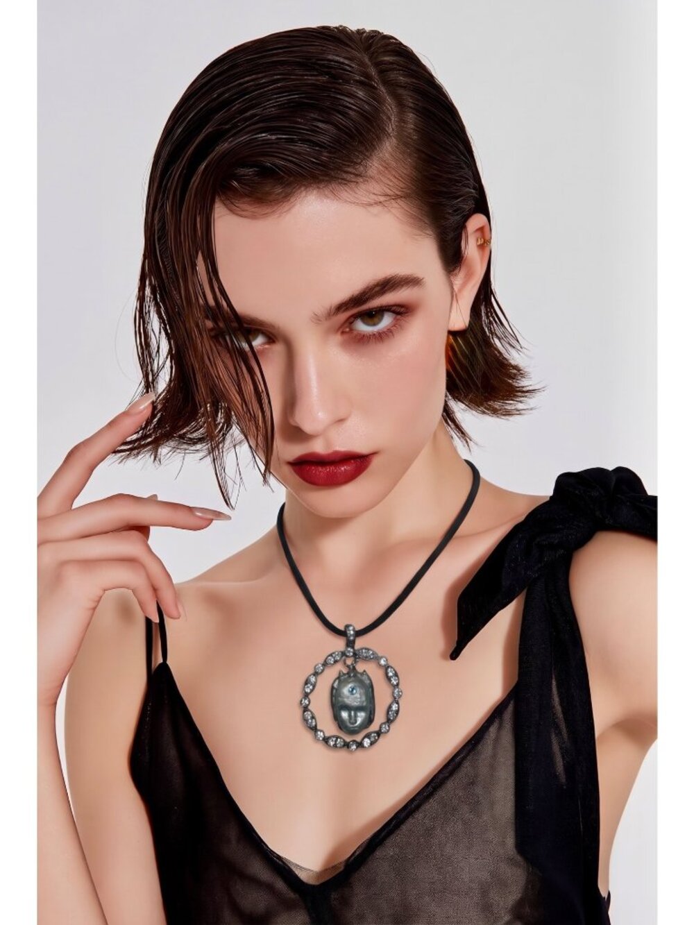 Evil Eye Amulet Pendant Necklace | Clay Face & Blue Swarovski Crystal | Halo